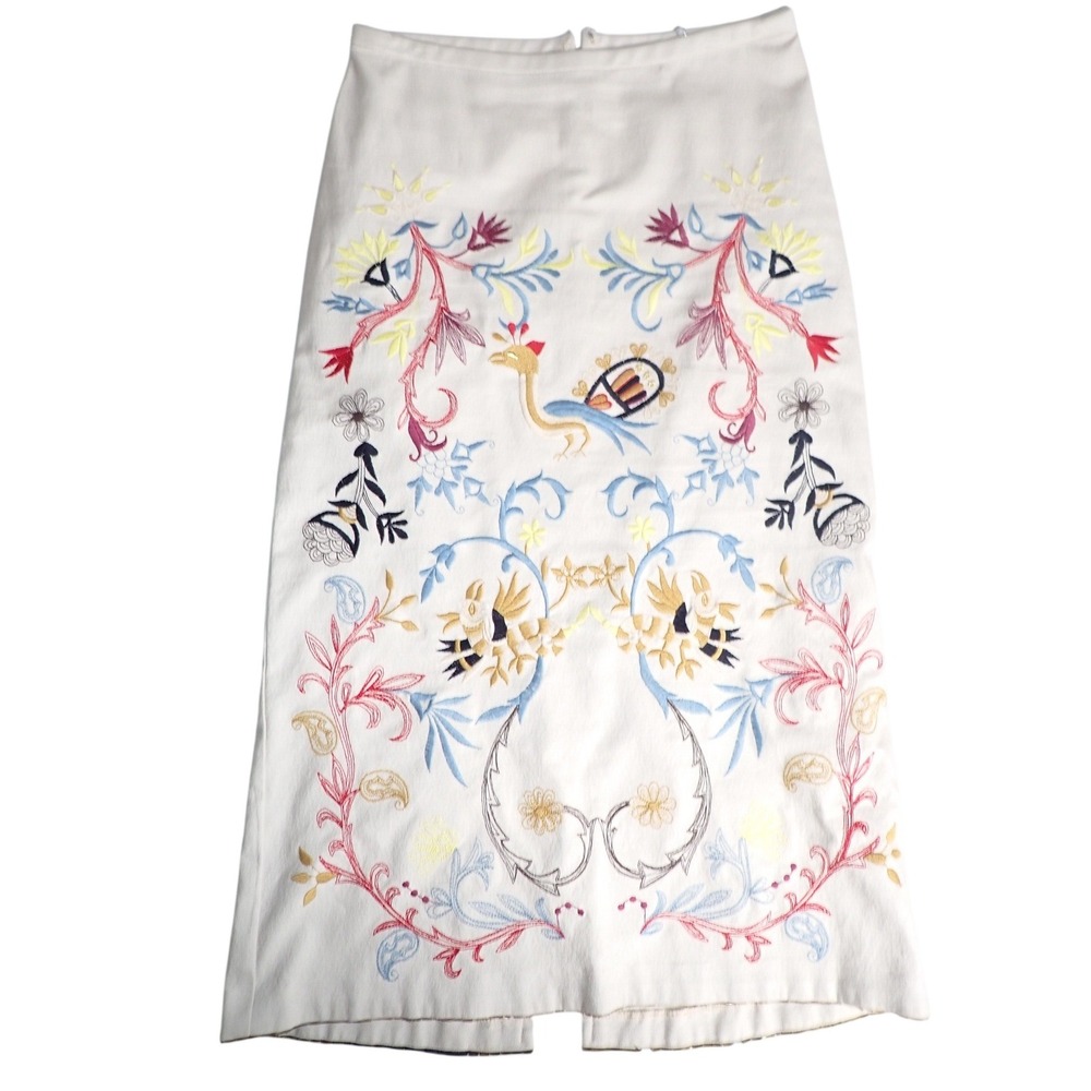 St. Vincent Womens Embroidered Peacock Floral Midi Pencil Skirt White Size 4